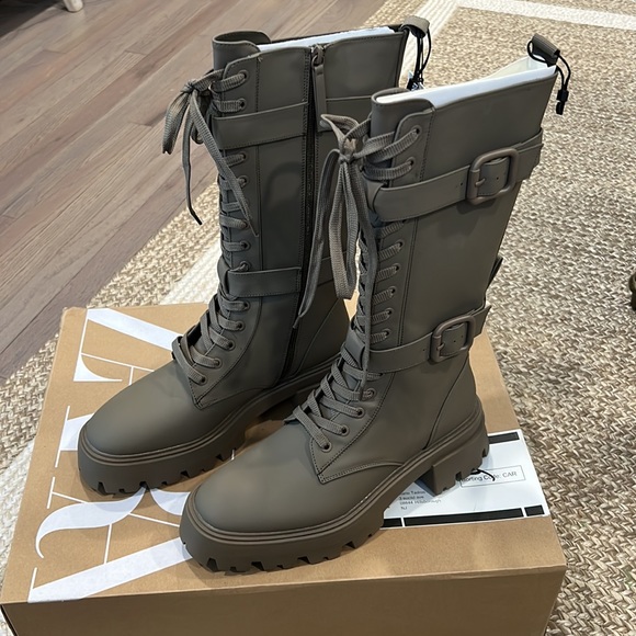 Zara khaki waxed lace up lug sole boots - Picture 4 of 15